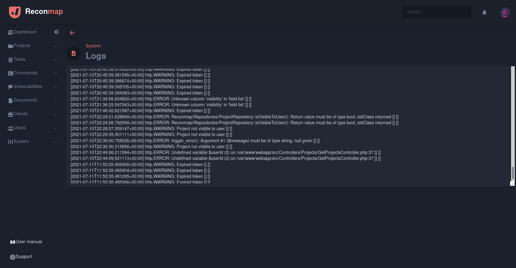 System application logs screenshot